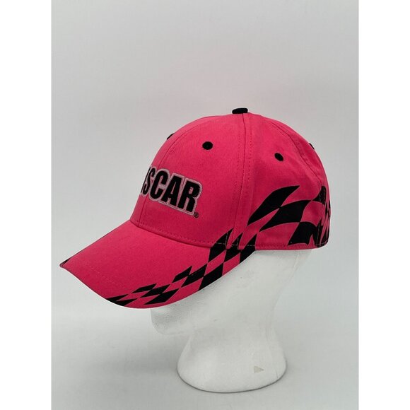 NASCAR Pink Cotton Cap Hat With Black Checkered Flag Design & Adjustable Strap - Picture 7 of 13